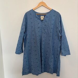 100% Cotton The Vermont Country Store Blue Embroidered Cotton Tunic - 1X